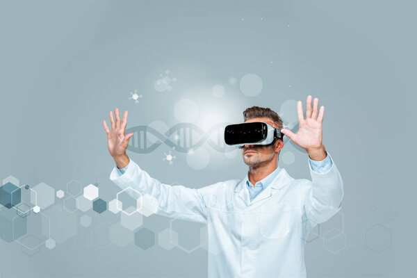 scientist in virtual reality headset touching dna interface in air isolated on grey, artificial intelligence concept