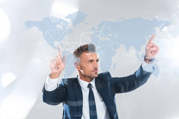 Handsome Businessman Moving Innovation Technology World Map Isolated White Artificial — Stock Photo, Image