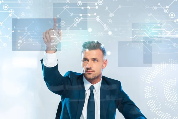 Handsome Businessman Pointing Innovation Technology Isolated White Artificial Intelligence Concept — Stock Photo, Image