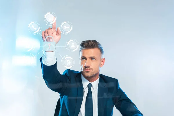 Handsome Businessman Pointing Icons Isolated White Artificial Intelligence Concept — Stock Photo, Image