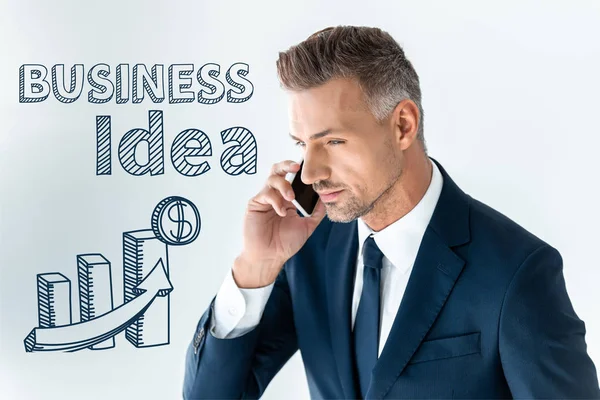 Portrait Handsome Businessman Talking Smartphone Isolated White Business Idea — Stock Photo, Image