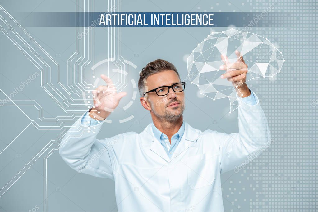 Handsome scientist in white coat and glasses moving brain interface, artificial intelligence concept