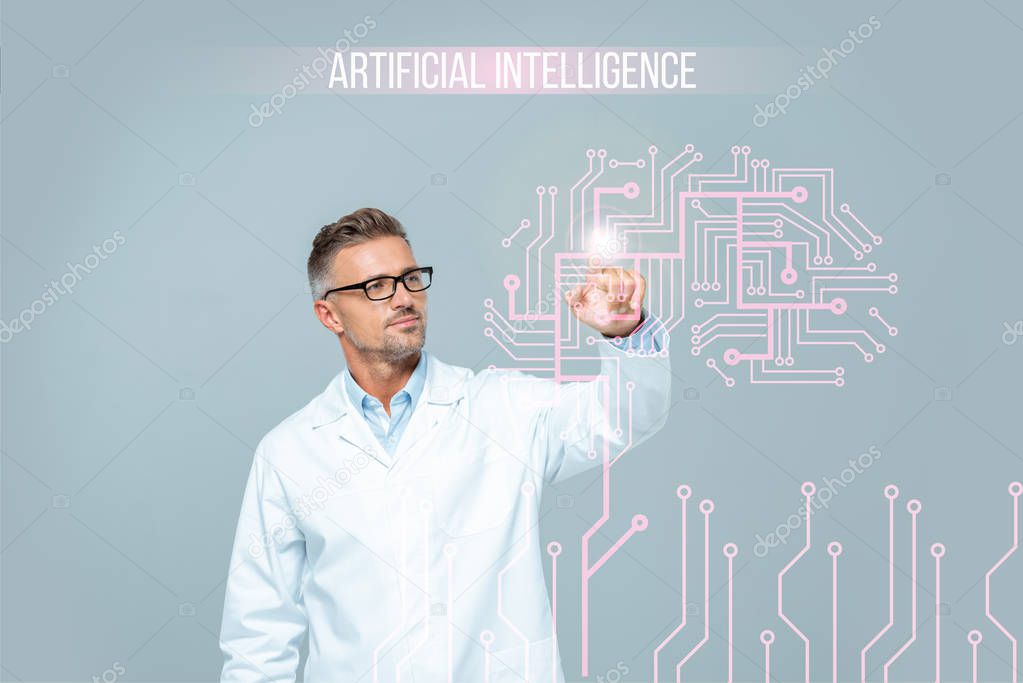 Handsome scientist in white coat touching brain interface in air isolated on white, artificial intelligence concept