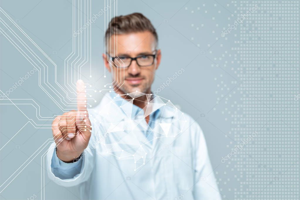 Selective focus of handsome scientist touching brain interface in air isolated on white, artificial intelligence concept