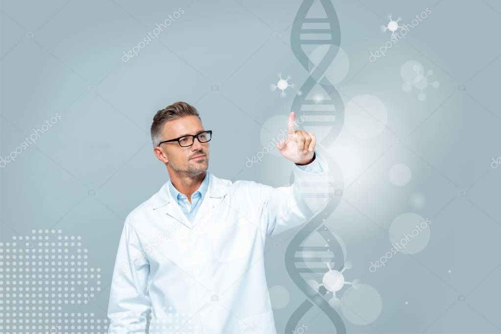 Handsome scientist in white coat touching dna interface in air isolated on white, artificial intelligence concept