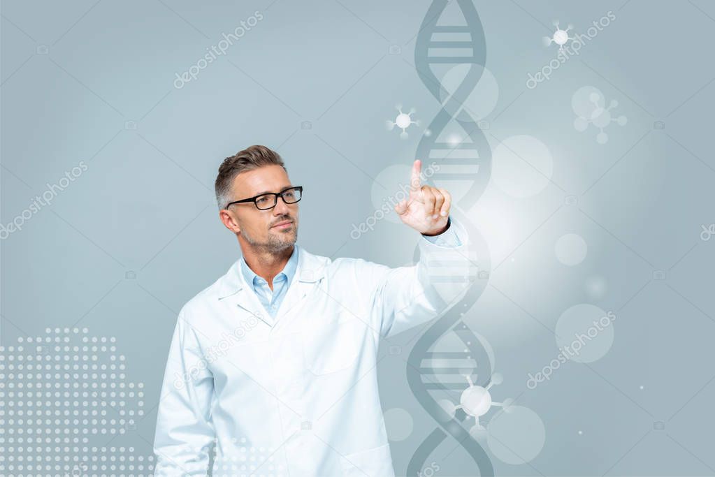 handsome scientist in white coat touching dna interface in air isolated on white, artificial intelligence concept