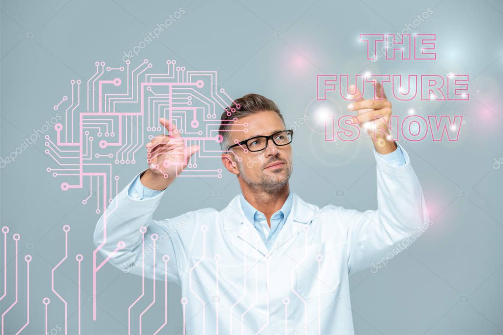 handsome scientist in white coat and glasses moving brain interface with 