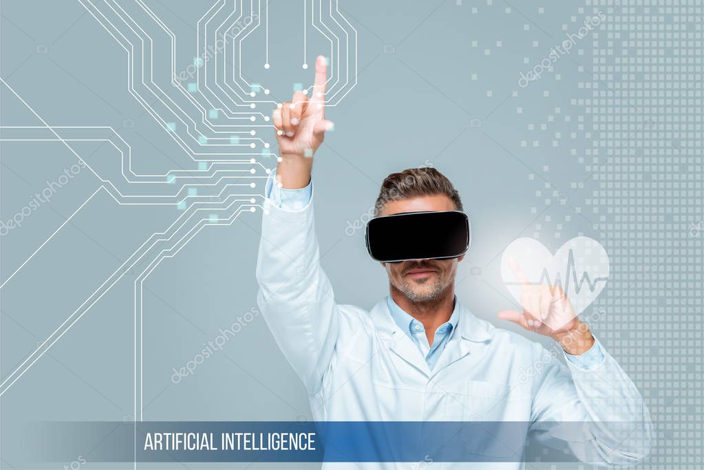 Scientist in virtual reality headset touching medical care interface with heartbeat isolated on grey, artificial intelligence concept
