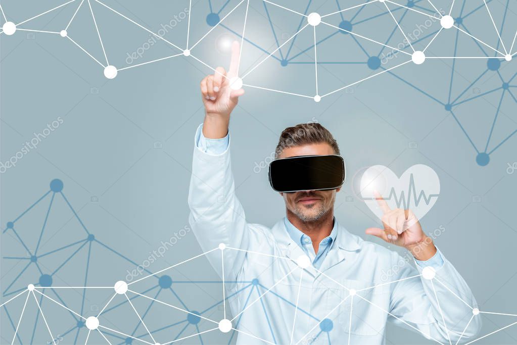 Scientist in virtual reality headset touching medical care interface with heartbeat isolated on grey, artificial intelligence concept