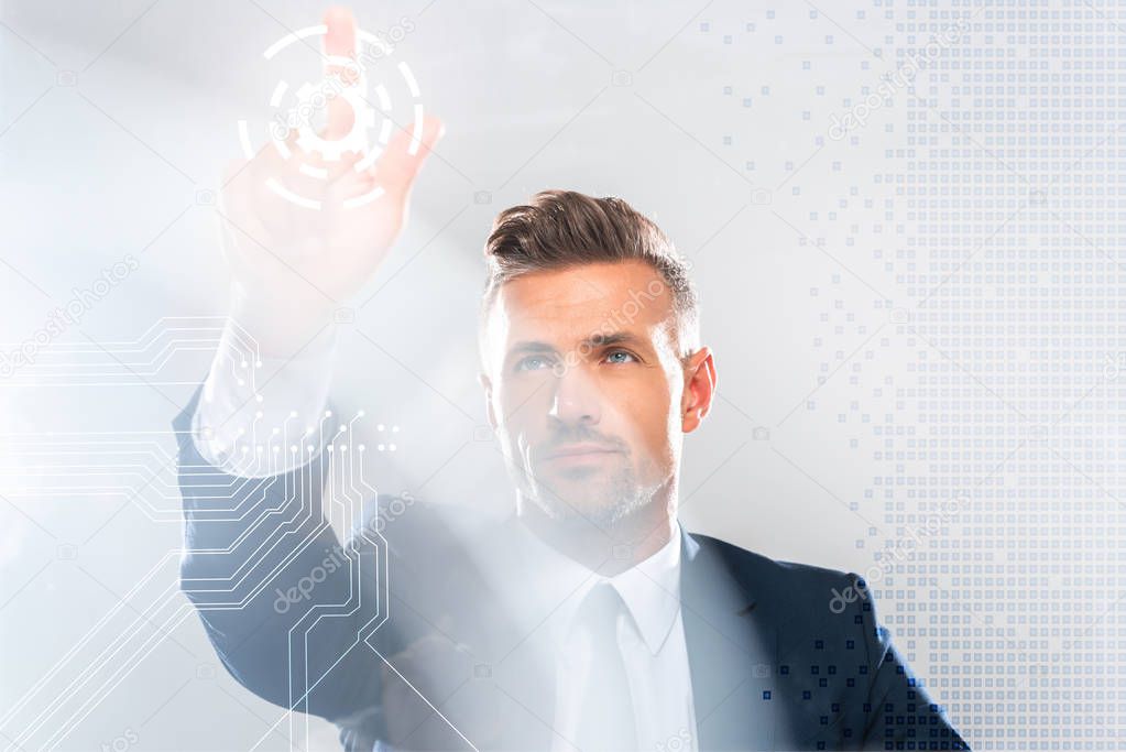 handsome businessman in suit touching innovation technology interface isolated on white, artificial intelligence concept