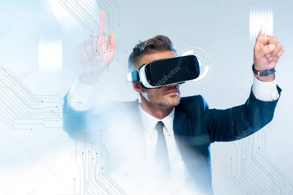 businessman in virtual reality headset touching innovation technology isolated on white, artificial intelligence concept