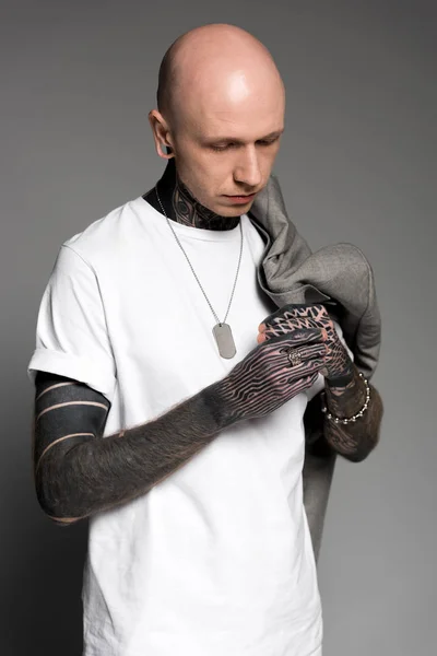 Bald Tattooed Man Suit Jacket Shoulder Looking Hands Tattoos Grey — Stock Photo, Image