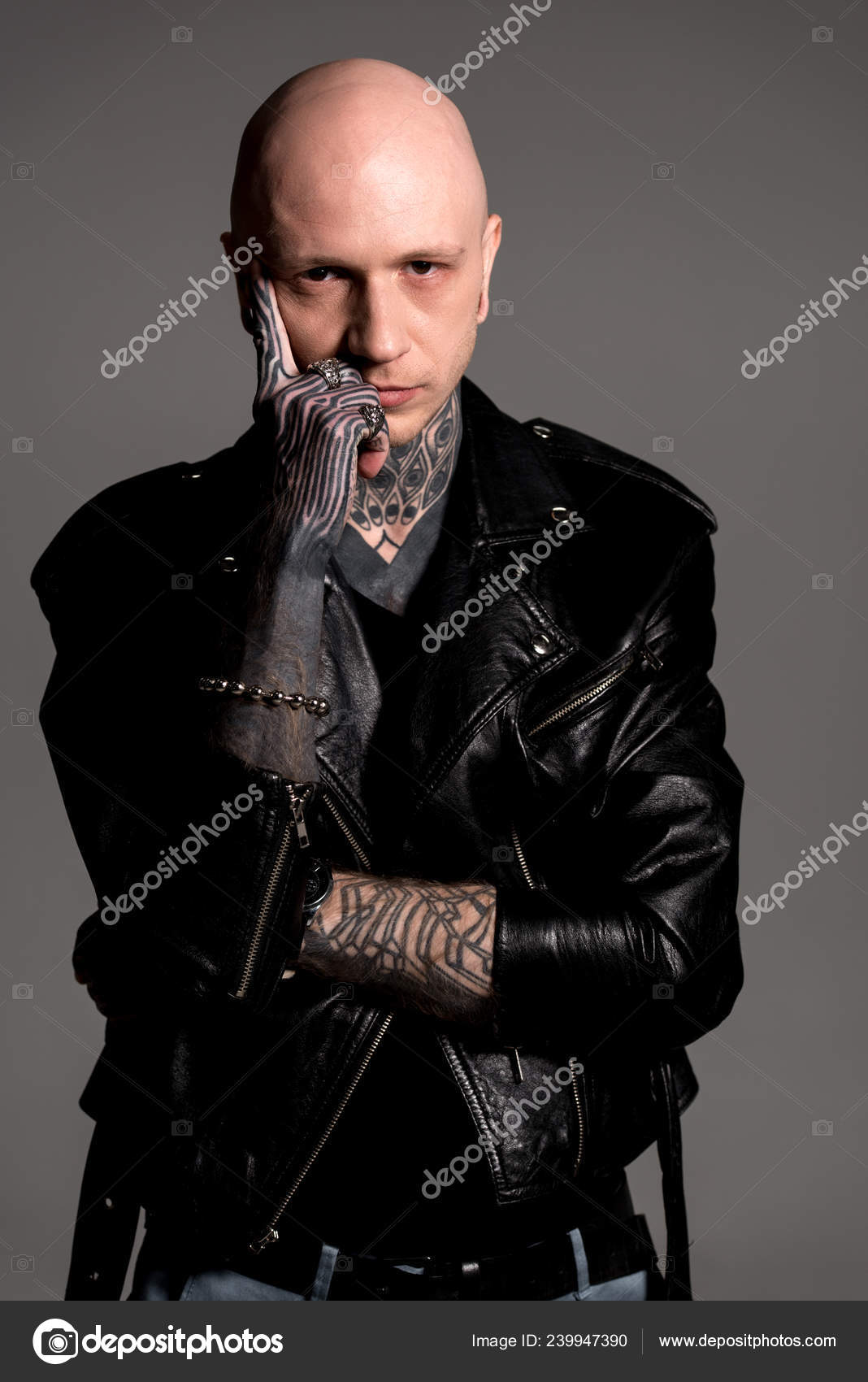 bald guy leather jacket