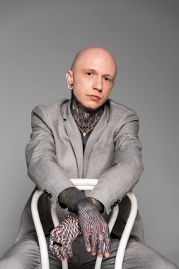 handsome stylish bald tattooed man in suit sitting on chair and looking at camera isolated on grey clipart
