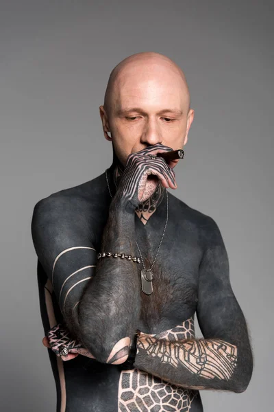 Bald Shirtless Man Tattoos Smoking Cigar Looking Isolated Grey — Stock Photo, Image