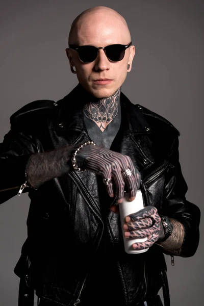 Bald Tattooed Man Leather Jacket Sunglasses Opening Soda Can Isolated — Stock Photo, Image