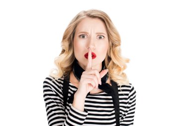 attractive woman holding finger on lips isolated on white clipart