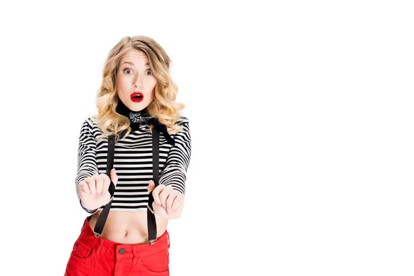 Surprised Blonde Woman Holding Suspenders Isolated White — Stock Photo, Image
