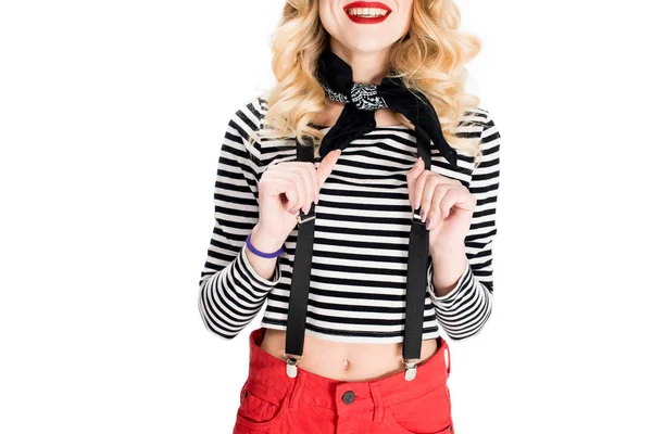 Cropped View Smiling Blonde Woman Isolated White — Stock Photo, Image