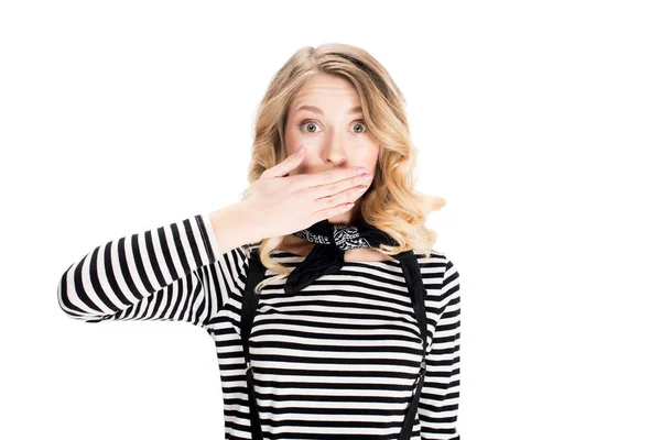 Atractiva Mujer Sosteniendo Mano Los Labios Aislados Blanco — Foto de Stock