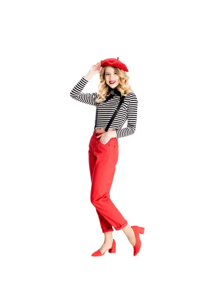 Pretty Woman Red Beret Holding Hand Pocket Isolated White — Stock Photo, Image