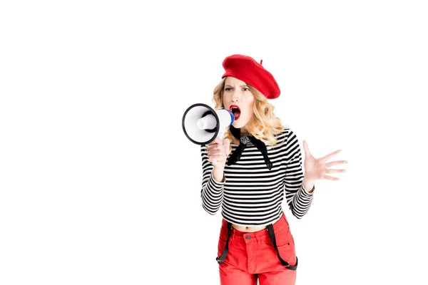 Woman Red Beret Screaming Megaphone Isolated White — Stock Photo, Image