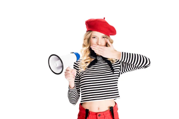 Woman Red Beret Holding Hand Lips Megaphone Isolated White — Stock Photo, Image