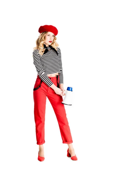 Attractive Woman Red Beret Standing Megaphone Isolated White — Stock Photo, Image