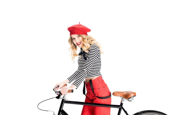 Bonita Mujer Sosteniendo Bicicleta Sonriendo Aislado Blanco — Foto de Stock