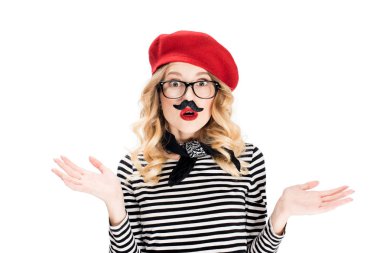 surprised woman in glasses with fake mustache isolated on white 