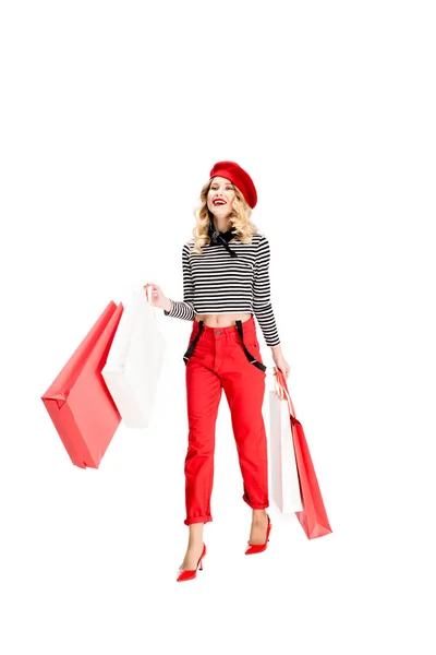 Mujer Alegre Pie Con Bolsas Compras Aisladas Blanco —  Fotos de Stock