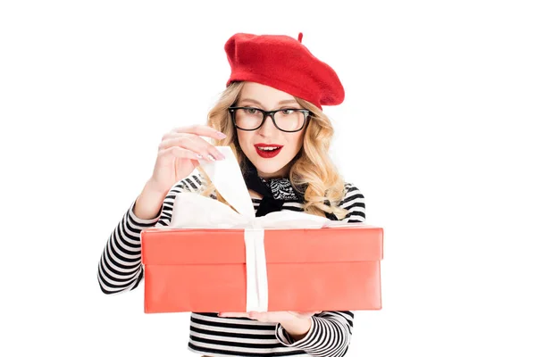 Happy Blonde Woman Glasses Looking Gift Box Ribbon Isolated White — Stock Photo, Image