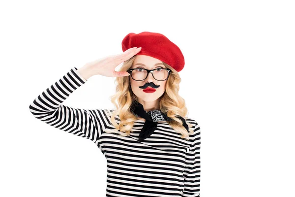 Serious Woman Glasses Red Beret Fake Mustache Isolated White — Stock Photo, Image