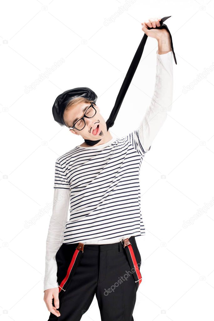 man in black beret pretending killing himself with scarf isolated on white 