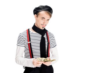 ciddi Paris adam doları banknot üzerinde beyaz izole elinde tutan 