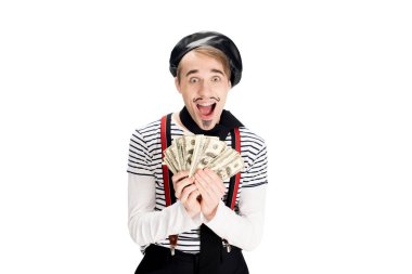 cheerful  french man holding dollar banknotes in hands isolated on white  clipart