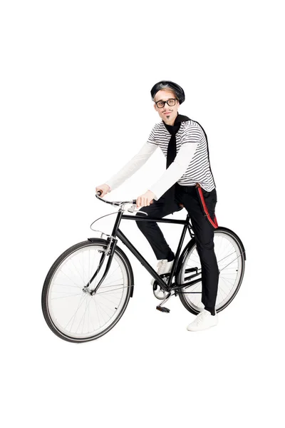 Happy French Man Glasses Riding Bicycle Isolated White — Stock Photo, Image