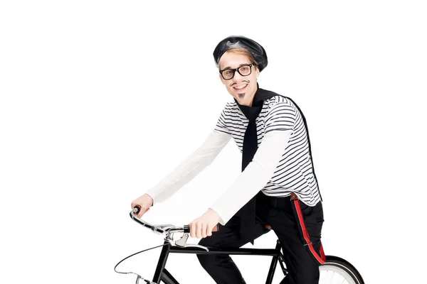 Cheerful French Man Glasses Riding Bicycle Isolated White — Stock Photo, Image