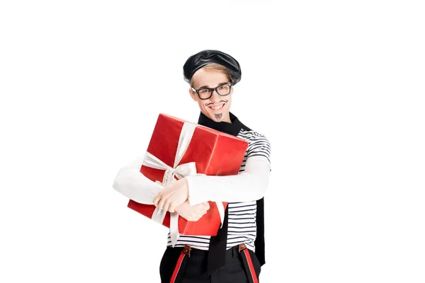 Alegre Francés Hombre Sosteniendo Caja Regalo Manos Aisladas Blanco — Foto de Stock