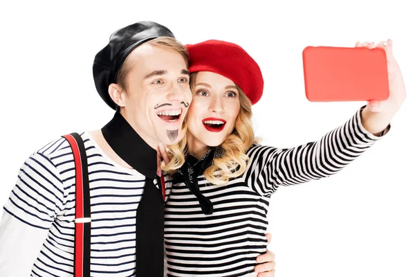 Happy French Couple Taking Selfie Smartphone Isolated White — Stock Photo, Image