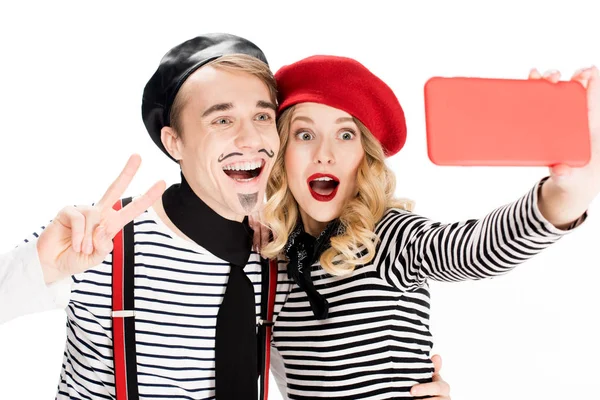 Cheerful French Couple Taking Selfie Isolated White — Stock Photo, Image