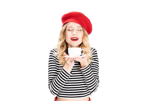 Attractive Woman Holding Cup Coffee Hands Isolated White — Stock Photo, Image