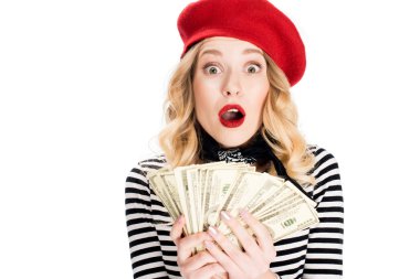 surprised blonde woman holding dollar banknotes in hands isolated on white  clipart