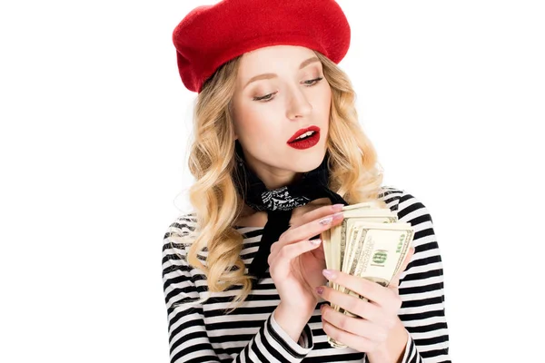 Mooie Franse Vrouw Tellen Dollar Biljetten Geïsoleerd Wit — Stockfoto