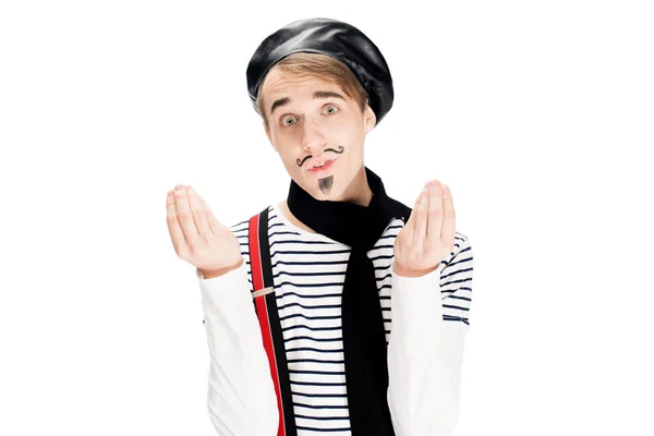 French Man Black Scarf Beret Gesturing Isolated White — Stock Photo, Image