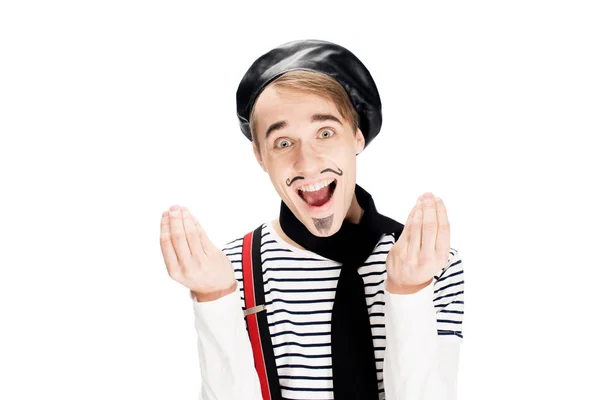 Happy French Man Black Scarf Beret Gesturing Isolated White — Stock Photo, Image