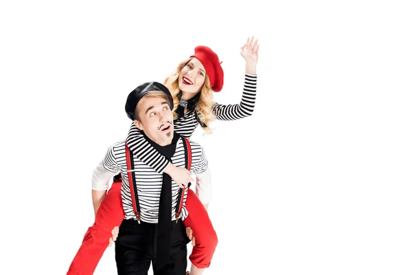 French Man Holding Arms Happy Girlfriend Red Beret Waving Hand — Stock Photo, Image