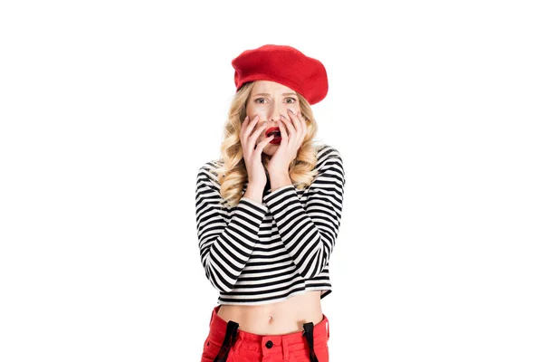 Scared French Woman Red Beret Isolated White — Stock Photo, Image