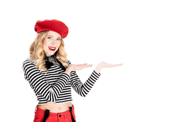 Attractive Woman Red Beret Showing Something Isolated White — Stock Photo, Image