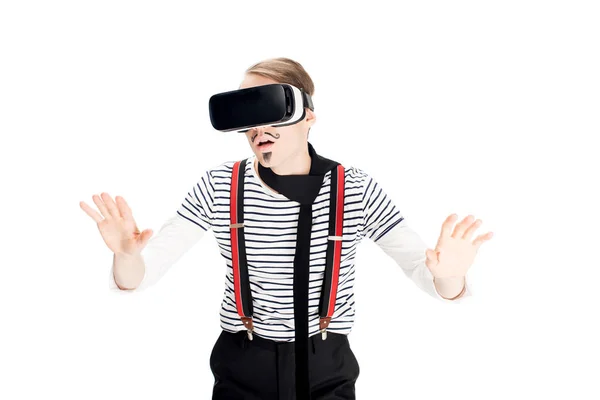 Man Mustache Using Virtual Reality Headset Isolated White — Stock Photo, Image